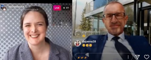 MCI-Dozentin Wendy Farrell und Rektor Andreas Altmann führten durch den Live Stream. Screenshot: MCI