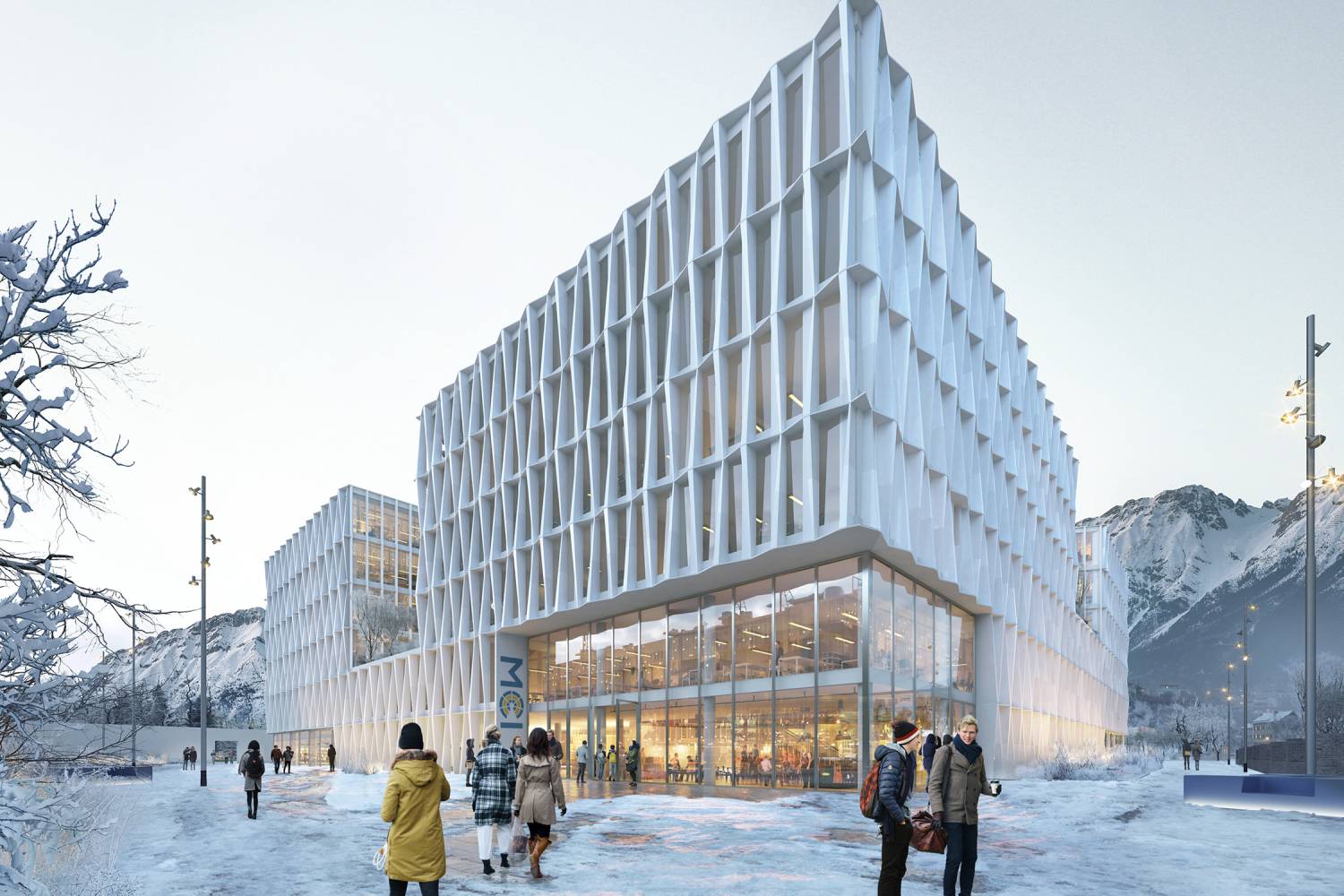 Der neue MCI Campus in unmittelbarer Nähe zur belebten Innsbrucker Altstadt und dem kaiserlichen Hofgarten. Visualisierung: Henning Larsen